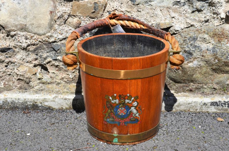 Mahogany brass bound bucket with roped handle