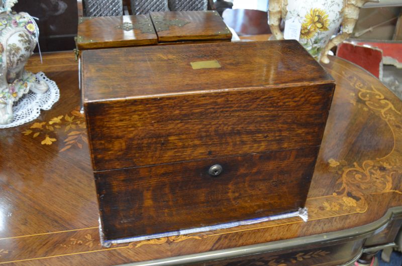 Victorian oak decanter box & three glass decanters