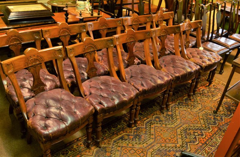 Set of ten victorian mahogany chairs with leather Buttoned seats