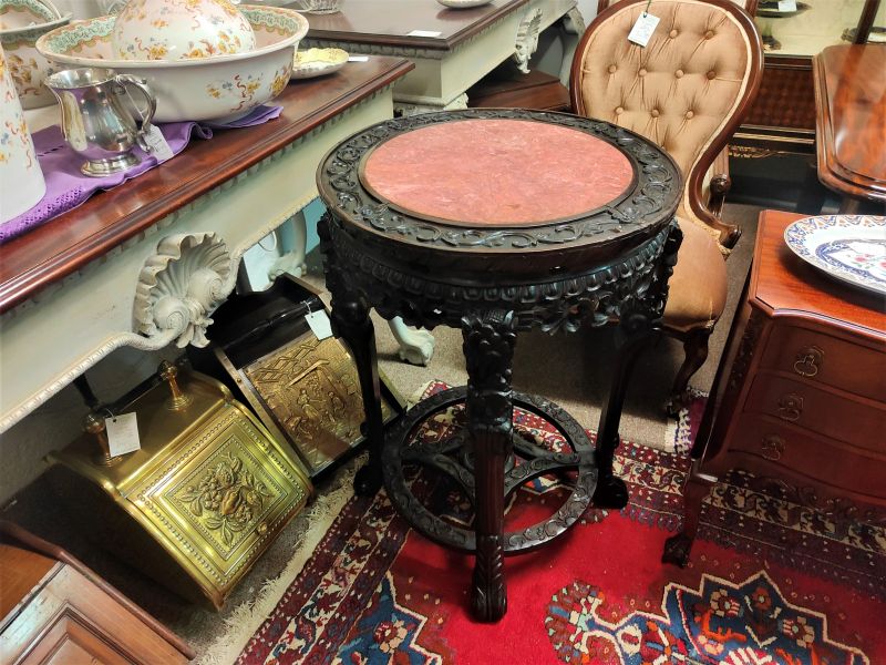 Carved marble top chinese hardwood plant stand