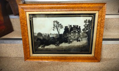 19th century maple framed painting on glass