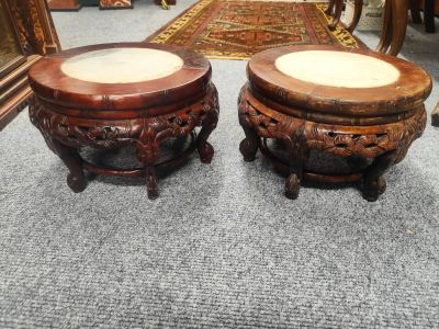 Pair of chinese hardwood & marble vase stands