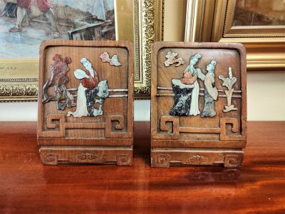 Pair of wooden chinese carved bookends