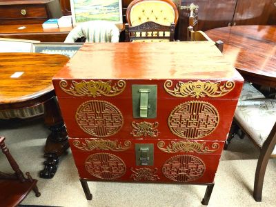 Chinese leather covered painted trunks on stand