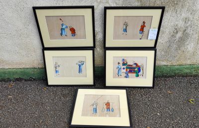 Set of five chinese drawings on rice paper