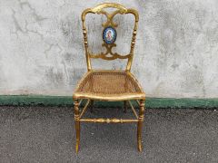 Victorian giltwood chair with wicker seat and porcelain inset Thumbnail 1