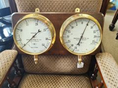 Old brass water tower gauges mounted on wood Thumbnail 4